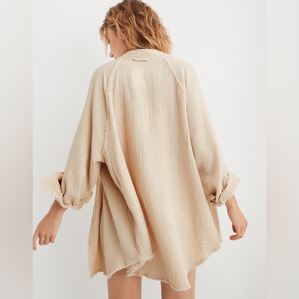 Aerie Pool To Party Cover Up Tan Oat Size Small Button Tunic Oversized Fray Hem - Picture 10 of 11